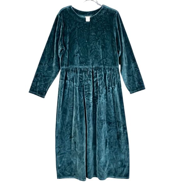 L.L. Bean Velvet Velour Maxi Dress Womens 16 Drk Green L/S Vtg Holiday Classic